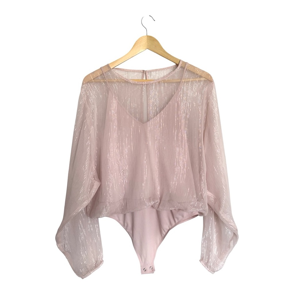 Express Light Pink Metallic Chiffon Overlay Bodysuit Size Medium